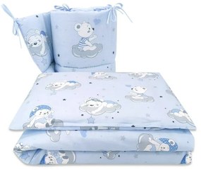 Lenjerie patut 3 piese cu protectie laterala teddy bears on clouds blue din bumbac pentru patut 120x60 cm