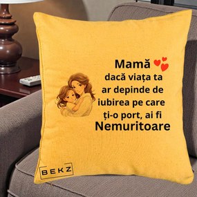 Cadou pentru Mama - Perna Personalizata Mama Nemuritoare cu Balon Inima, 40x40 cm, Galben, Husa Detasabila, Perna Inclusa, BEKZ®