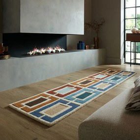 Covor tip traversă albastru/portocaliu țesut manual din lână 60x230 cm Retro Blocks – Flair Rugs