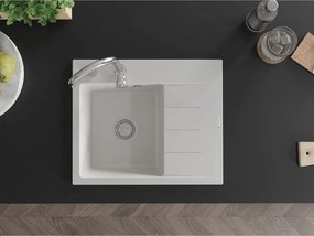 Mexen Ben chiuvetă de granit cu o cuvă și picurător, stânga 600 x 500 mm, alb, sifon crom - 6522605000-20