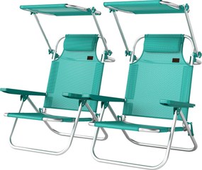 Outsunny Set de 2 scaune de plajă pliabile cu copertină reglabilă spătar rabatabil în 6 poziții tetieră turcoaz | Aosom Romania