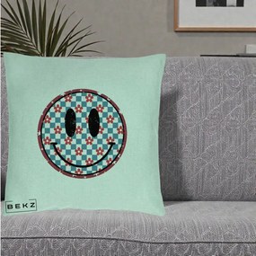 Perna Decorativa Smiley Face Checkered cu Floricele, 40x40 cm, Verde Menta, Husa Detasabila, Perna Inclusa, BEKZ®