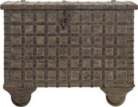 Cufăr vintage din lemn de tec, natur, pe roți din lemn, cu feronerie din fier, finisaj patinat, 87 x 118 x 66 cm, „Legacy”