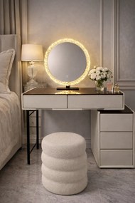 Set EMILY, Masă de toaletă pentru machiaj cu oglindă iluminată LED, în trei culori, intensitate reglabilă, control touch, comoda, taburet, 80 cm, Alb Ivory