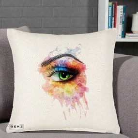 Perna Decorativa Ochi Verde Acuarela, 40x40 cm, Crem Reliefat, Husa Detasabila, Perna Inclusa, BEKZ®