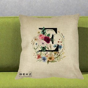 Cadou Personalizat - Perna Personalizata Monogram Litera E cu Flori Acuarela, 40x40 cm, Crem, Husa Detasabila, Perna Inclusa, BEKZ®