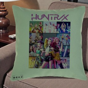 Perna Personalizata K-pop HUNTRX Colaj Animat Foto Grup, 40x40 cm, Verde, Husa Detasabila, Perna Inclusa, BEKZ®