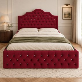 Pat tapițat Chesterfield din catifea Imperio Deluxe 180×200 cm, vișiniu, cu ladă de depozitare