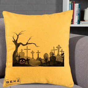 Perna Decorativa Halloween Cimitir Acuarela cu Dovleac, 40x40 cm, Galben, Husa Detasabila, Perna Inclusa, BEKZ®