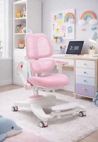 GROWFIT ERGO CARE JUNIOR PRO 360 – Scaun ergonomic reglabil pentru copii și adolescenți, cu spătar dublu adaptiv, suport lombar automat, cotiere 4D, roți cu blocare automată, ajustare completă 360°, Roz