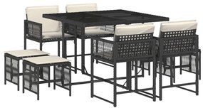 3211494 vidaXL Set mobilier de grădină cu perne, 9 piese, negru, poliratan