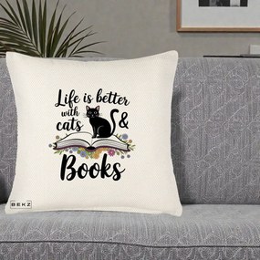 Perna Personalizata Life is Better Cats and Books, 40x40 cm, Crem Reliefat, Husa Detasabila, Perna Inclusa, BEKZ®