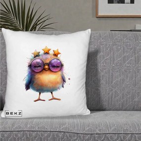 Perna Decorativa Pui Pop Star cu Ochelari Stele Violet, 40x40 cm, Alb Pufos, Husa Detasabila, Perna Inclusa, BEKZ®
