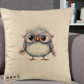 Perna Decorativa Pui Pufos cu Ochelari Roz, 40x40 cm, Bej, Husa Detasabila, Perna Inclusa, BEKZ®