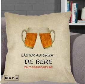 Perna Decorativa Bautor Autorizat de Bere, 40x40 cm, Crem, Husa Detasabila, Perna Inclusa, BEKZ®