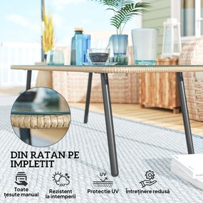 Outsunny Măsuță de Grădină din Ratan PE și Sticlă 110x60x40 cm Lemn Natural | Aosom Romania