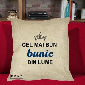Cadou pentru Bunic - Perna Personalizata Cel Mai Bun Bunic Din Lume Coroana Albastra, 40x40 cm, Crem, Husa Detasabila, Perna Inclusa, BEKZ®