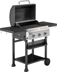 Outsunny Grătar pe gaz 9 KW 3 arzătoare Cărucior BBQ din oțel inoxidabil incl masă laterală rabatabilă suport pentru condimente raft inferior 6 cârlige | Aosom Romania