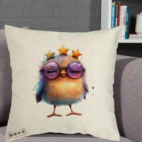 Perna Decorativa Pui Pop Star cu Ochelari Stele Violet, 40x40 cm, Ecru, Husa Detasabila, Perna Inclusa, BEKZ®