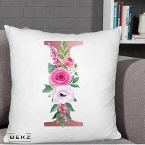 Cadou Personalizat - Perna Personalizata Monograma Rose Gold Litera I, 40x40 cm, Alb Pufos, Husa Detasabila, Perna Inclusa, BEKZ®