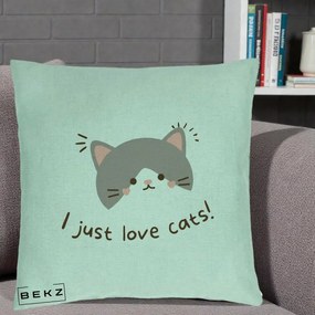 Perna Personalizata I Just Love Cats Pisica Kawaii, 40x40 cm, Verde Menta, Husa Detasabila, Perna Inclusa, BEKZ®