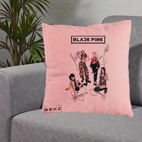 Perna Personalizata K-pop BLACKPINK Fotografie Grup Autografe Toate Membre, 40x40 cm, Roz, Husa Detasabila, Perna Inclusa, BEKZ®