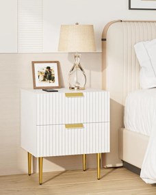 NOA62 - Set 2 Noptiere albe 50 cm, cu 2 sertare, dormitor - Alb-Auriu