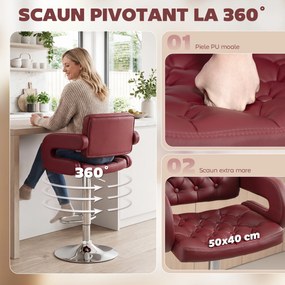 HOMCOM Scaun de Bar cu Înălțime Reglabilă, Scaun de Bucătărie Înalt din PU cu Spătar, Suport pentru Picioare, Cotiere și Șezut Confortabil, Structură Metalică, Rotativ la 360°, pentru Insulă, Roșu Vin | Aosom Romania