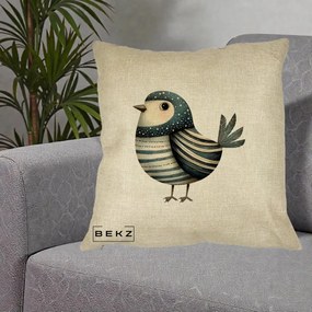 Perna Decorativa Pasare Teal Decorativa Dungata, 40x40 cm, Crem, Husa Detasabila, Perna Inclusa, BEKZ®
