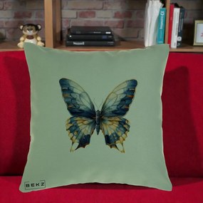 Perna Decorativa Fluture Albastru Auriu Elegant, 40x40 cm, Verde, Husa Detasabila, Perna Inclusa, BEKZ®