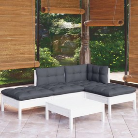 3096293 vidaXL Set mobilier grădină cu perne, 5 piese, alb, lemn de pin