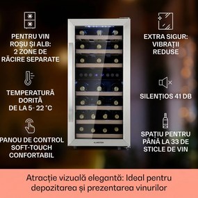 Klarstein Vinamour 33 Duo, frigider pentru vin, 2 zone, 89 l / 33 sticle, 5-18 °C, control tactil