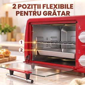 HOMCOM Mini cuptor electric 10L, 750W, cu temperatură reglabilă și timer, 36,5x26x22 cm, roșu | Aosom Romania