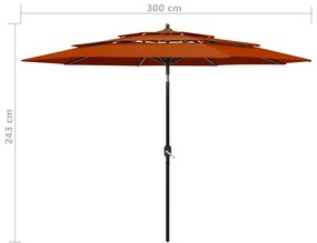 Umbrela de soare 3 niveluri, stalp aluminiu, caramiziu, 3 m Terracota, 3 m