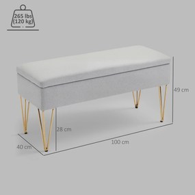 HOMCOM Bancă cu Depozitare din Material Textil și Picioare din Oțel, 100x40x49 cm, Gri Deschis | Aosom Romania