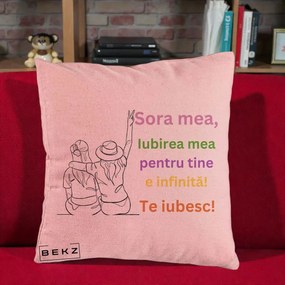 Cadou pentru Sora - Perna Personalizata Sora Mea Te Iubesc Doua Fete cu Palarie si Umbrela, 40x40 cm, Roz, Husa Detasabila, Perna Inclusa, BEKZ®