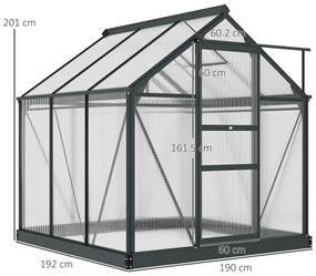 Outsunny Seră de Grădină, Seră din Policarbonat și Aluminiu cu Ușă Culisantă, Ventilație pe Acoperiș și Jgheab, 190x192x201 cm, Gri