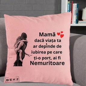 Cadou pentru Mama - Perna Personalizata Mama Nemuritoare Gravura Vintage, 40x40 cm, Roz, Husa Detasabila, Perna Inclusa, BEKZ®