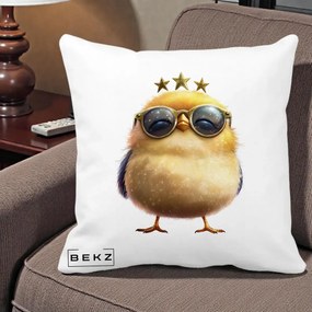 Perna Decorativa Pui Gold Star cu Ochelari Aurii, 40x40 cm, Alba Mata, Husa Detasabila, Perna Inclusa, BEKZ®