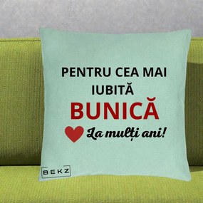 Cadou pentru Bunica - Perna Personalizata Pentru Cea Mai Iubita Bunica La Multi Ani Rosu, 40x40 cm, Verde Menta, Husa Detasabila, Perna Inclusa, BEKZ®
