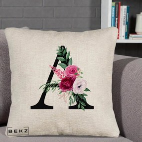 Cadou Personalizat - Perna Personalizata Monograma Florala Litera A, 40x40 cm, Bej Canapea, Husa Detasabila, Perna Inclusa, BEKZ®