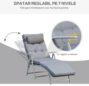 Outsunny Sezlong de Gradina Pliabil cu Saltea si Perna, Spatar cu 7 Pozitii de Inclinare, 137x63.5x100.5cm, Gri | Aosom Romania