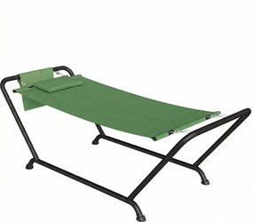 Outsunny Hamac de Exterior cu Suport, Hamac Autoportant cu Buzunar Lateral, Tetieră și Structură din Metal, Capacitate 150 kg pentru Grădină, Balcon, Terasă, 237 x 90 x 92 cm, Verde Închis | Aosom Romania