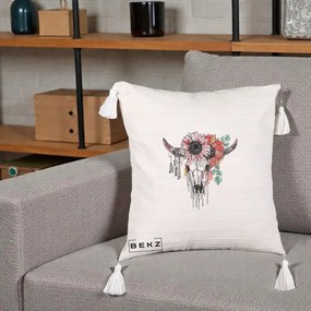Perna Decorativa Craniu Boho Floral, 40x40 cm, Bej cu Franjuri, Husa Detasabila, Perna Inclusa, BEKZ®