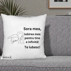 Cadou pentru Sora - Perna Personalizata Sora Mea Te Iubesc Line Art Portrete Fata in Fata, 40x40 cm, Alb Pufos, Husa Detasabila, Perna Inclusa, BEKZ®