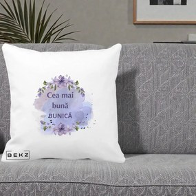 Cadou pentru Bunica - Perna Personalizata Cea Mai Buna Bunica Flori Mov Acuarela Negru, 40x40 cm, Alba Mata, Husa Detasabila, Perna Inclusa, BEKZ®