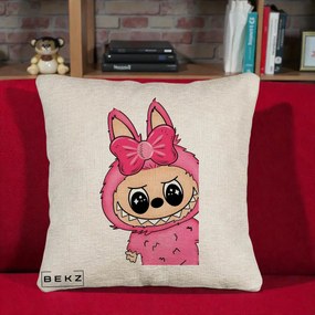 Perna Personalizata Labubu Roz cu Funda, 40x40 cm, Bej Canapea, Husa Detasabila, Perna Inclusa, BEKZ®