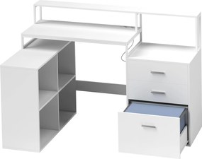 HOMCOM Birou în Formă de L cu Prize de Curent, Sertar și Suport pentru Monitor, 138,5x90x92 cm, Alb | Aosom Romania