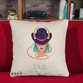 Perna Personalizata Zodie Taur, 40x40 cm, Bej Canapea, Husa Detasabila, Perna Inclusa, BEKZ®