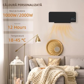 HOMCOM Aeroterma de Perete Oscilatoare pentru Casa si Birou cu Temporizator 12h si 2 Modalitati de Incalzire, 54.5x12x21.5 cm, Negru